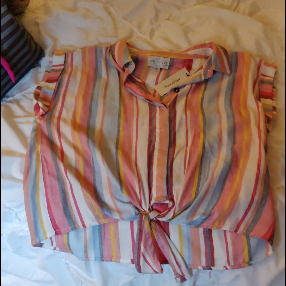 Striped top with tie and buttons